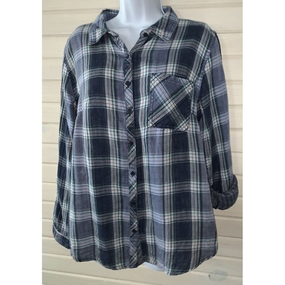 Maurices Sz LARGE Double Cloth Shirt Button Up Blue Plaid Pocket 100% Cotton EUC - Picture 2 of 10